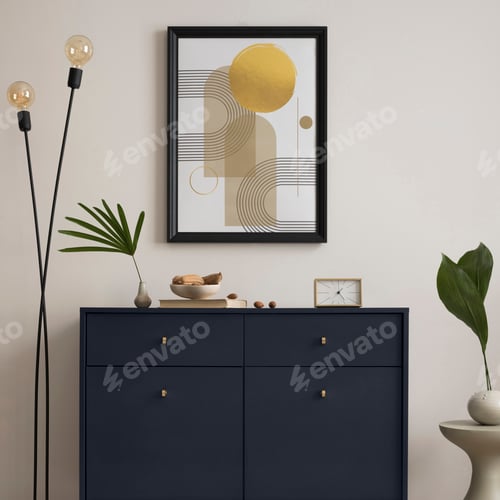 Preview: Elegant composition of living room interior with blue commode, mock up poster frame