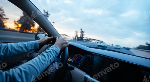 Preview: People driving car on sunrise city road