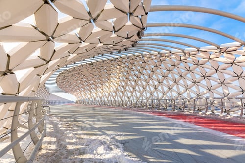 Preview: Modern architectural urbanistic Atyrau fish bridge across Ishim river. Pedestrian bridge with