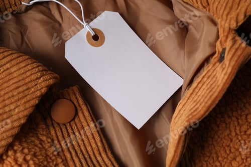 Preview: Cardboard tag on brown garment, top view