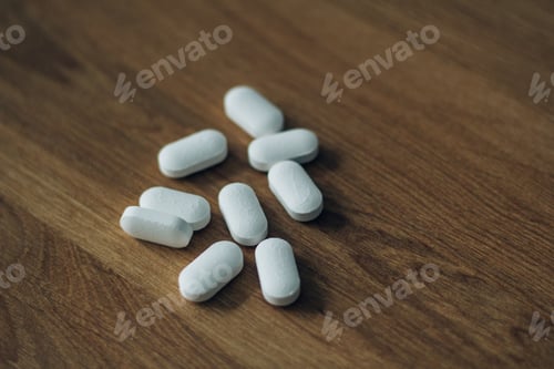 Preview: Big white pills on the wooden table