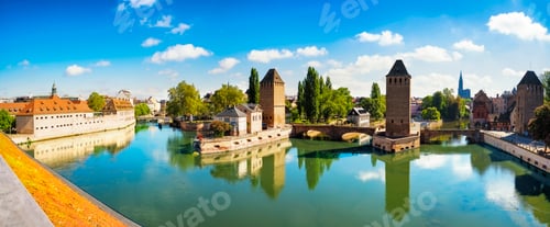 Preview: Strasbourg panorama, medieval bridge Ponts Couverts and Cathedral. Alsace, France.