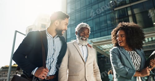 Preview: Business people, outdoor and walking with conversation, teamwork and New York city with professiona