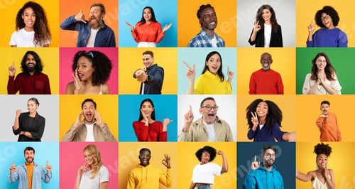Preview: Diverse group of cheerful people celebrating positivity in a colorful collage