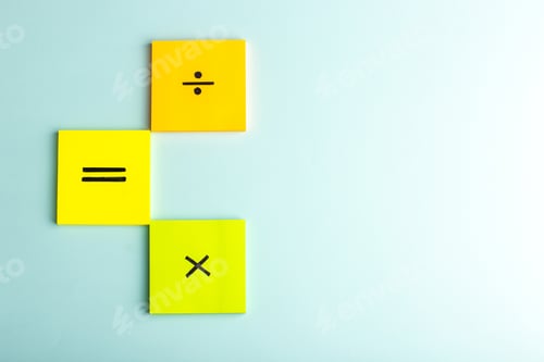 Preview: front view different signs on colorful stickers on iced blue background math color science