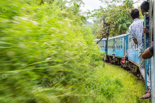 Preview: Train journey through lush forest, passengers standing in doors of moving blue train.