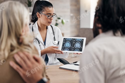 Preview: Neurology, results on tablet and doctor with couple, mri brain scan or x ray diagnosis for cancer.