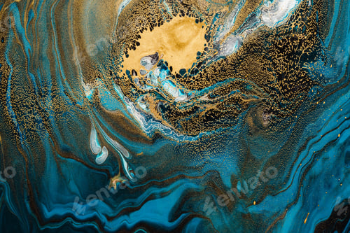 Preview: Acrylic Fluid Art. Abstract marble background or texture. Blue sapphire waves and gold spots curls