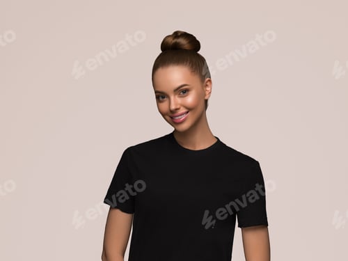 Preview: Woman with Bun Hairstyle in Black T-Shirt