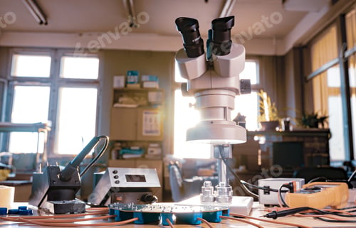 Preview: Modern microscope, connectors component and large green microcircuit in workshop laboratory