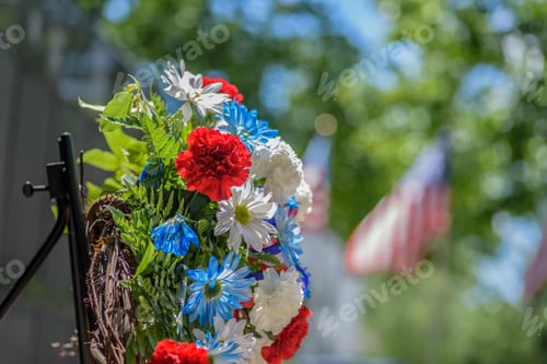 Preview: Closeup of flower Wreath placed at park on Memorial Day