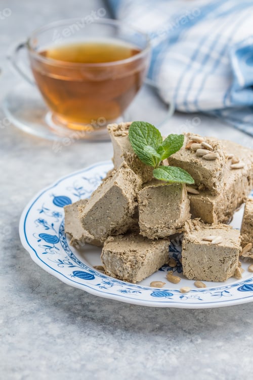 Preview: Sunflower halva close-up. Sweet oriental dessert halva. Sweets for tea.