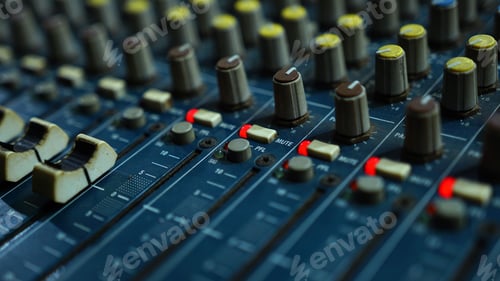 Preview: Closeup shot of an audio sound mixer with sliders buttons