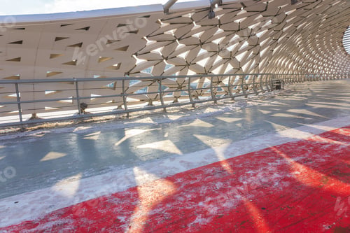 Preview: Modern architectural urbanistic Atyrau fish bridge across Ishim river. Pedestrian bridge with