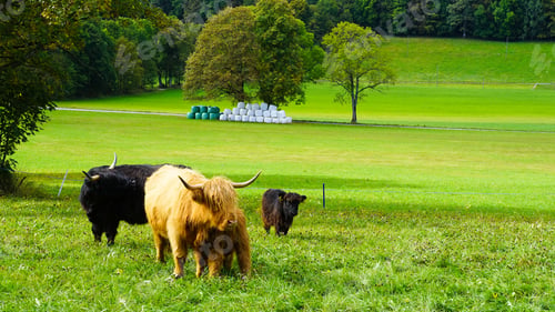 Preview: Herd of different colored yaks in a pasture