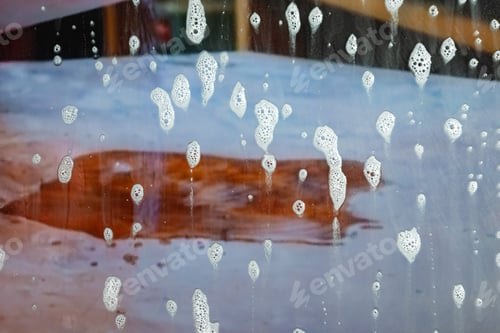 Preview: Background Wet- Raindrop Realistic. Water Splash Shower- Bad Weather. Window- Soap Foam. Rainwater