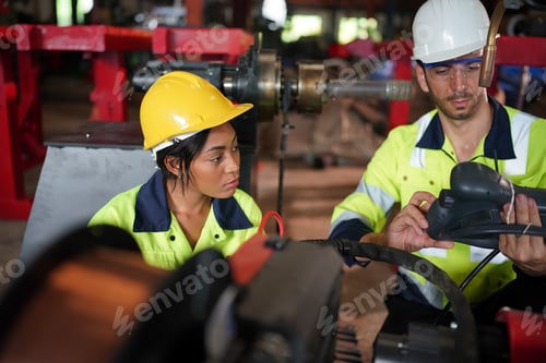 Preview: Robotics engineer working on maintenance of robotic arm in factory warehouse. Business technology.