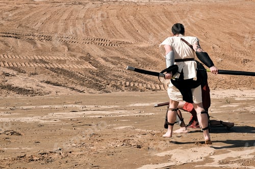 Preview: A Concept Photo Of A Roman Battle Of Two Warriors Of The Colosseum In Action With Aggressive