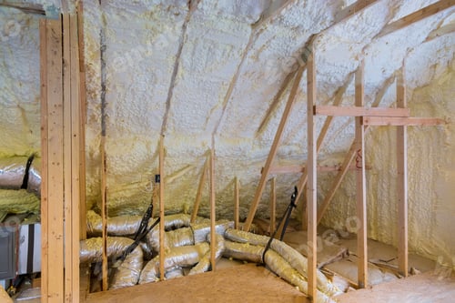 Preview: Under construction new house installation with wooden beams of HVAC tubing vents heating system on