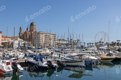 Preview: Saint Raphael, across the harbor with yachts at Basilique Notre-Dame-de-la-Victoire, Cote d'Azur