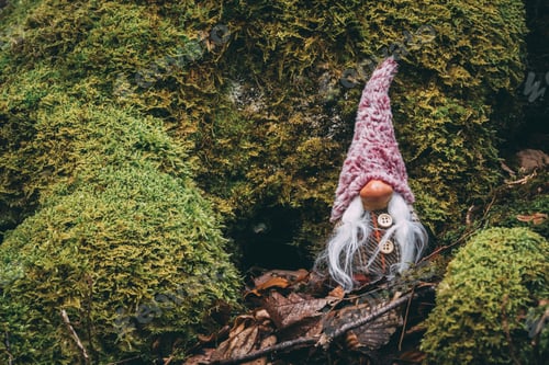 Preview: Closeup shot of a cute garden gnome on the mossy ground with fallen leaves