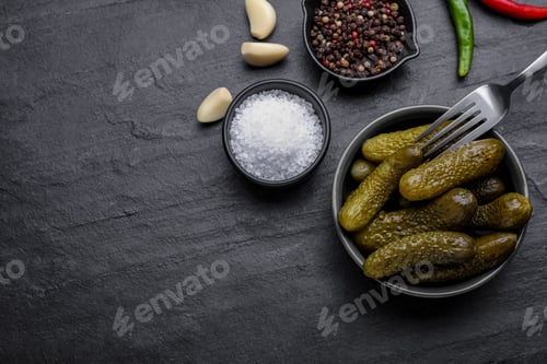 Preview: Bowl of pickled cucumbers and ingredients on black table, flat lay. Space for text
