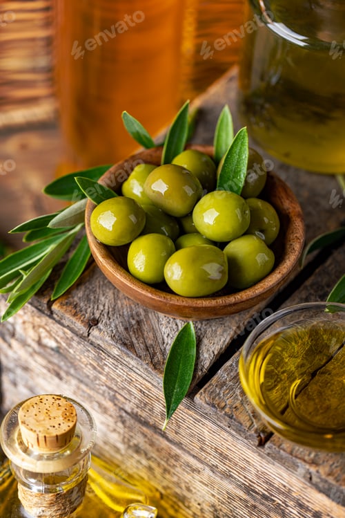 Preview: Green olives in wooden bowl
