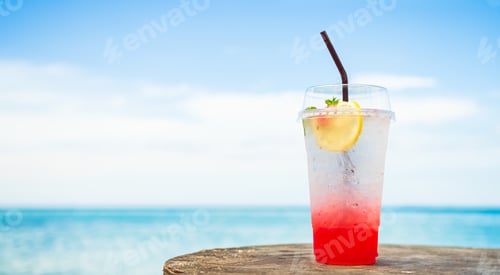 Preview: Cocktail Drink Summer on Table with Sea, Ice Drink Lemon Strawberry