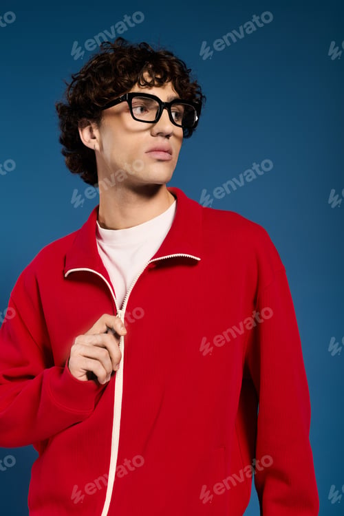 Preview: Stylish young man showcases contemporary fashion against a vibrant blue backdrop