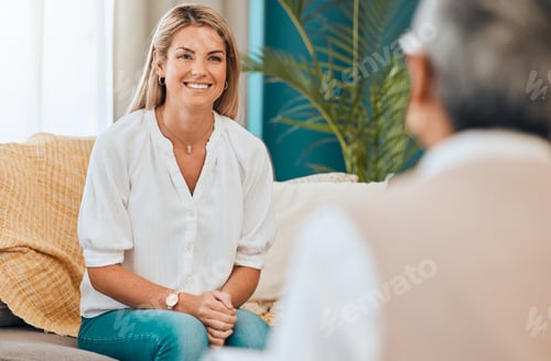 Preview: Therapy, happy woman and psychologist appointment in a office for mental health and wellness. Consu