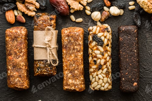 Preview: Raw pressed date with nuts and fruit bars. Healthy gluten free snack for energy and diet