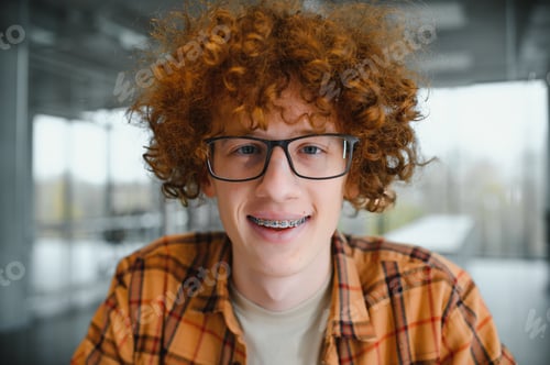 Preview: cute red-haired guy wearing stylish glasses yellow t-shirt.