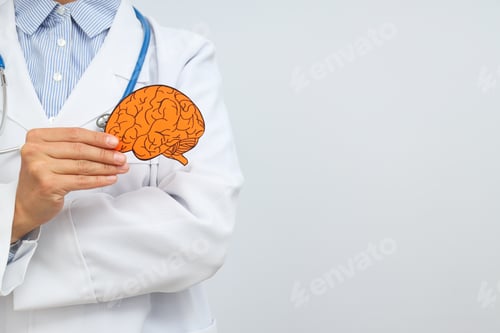Preview: A young female doctor holds a paper human brain in her hand. Place for text