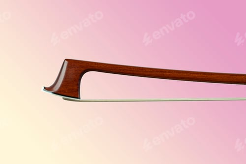 Preview: Closeup of a classic wooden violin or cello bow against a soft pink and purple gradient