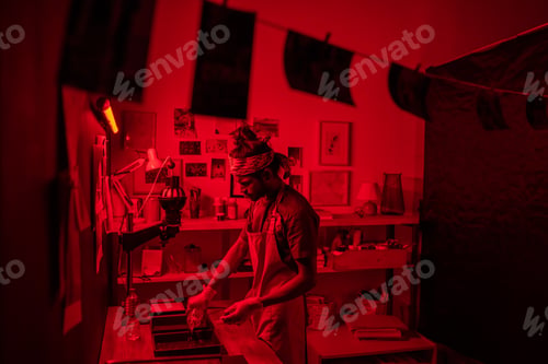 Preview: Young modern self-employed photographer pouring photo developer in container