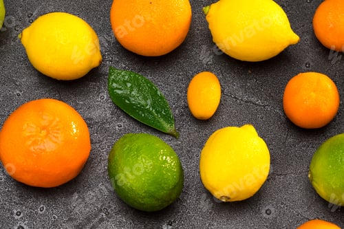 Preview: close up view of fresh whole citrus fruits and leaf on black