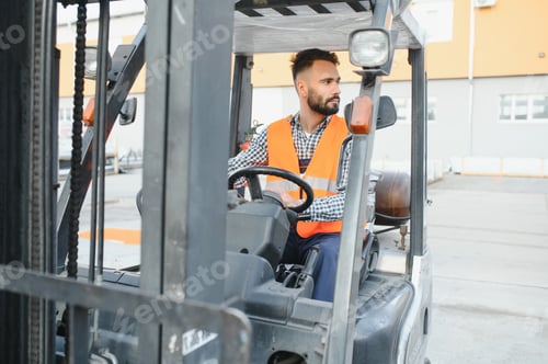 Preview: Waving forklift driver in the warehouse of a haulage company while driving forklift