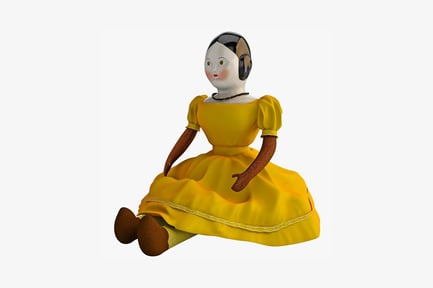 Preview: Doll with striped hair and yellow dress in seated pose