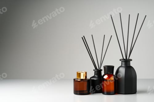 Preview: Three Black And Brown Scented Oil Diffusers On A White Tabletop