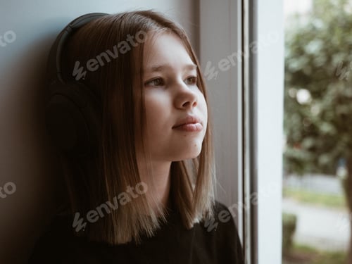 Preview: Thoughtful Teen with Headphones Leaning by Window