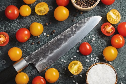 Preview: Vintage chef knife next to red and yellow cherry tomatoes on a dark background.