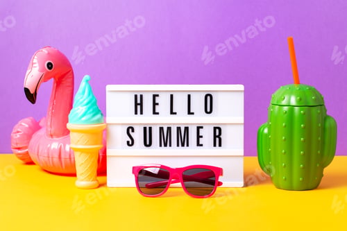 Preview: Retro vibe or 80s, nostalgic style still life with colorful summer accessories