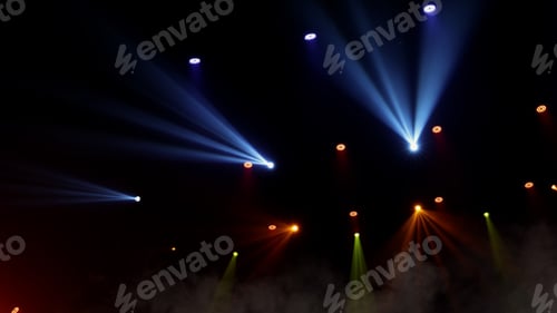 Preview: Stage lights background. Light beams and smoke from the stage spotlights on the stage at time of show. Laser show isolated on black background. Empty stage with light projector illumination backdrop.