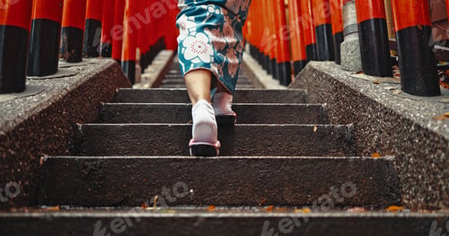 Preview: Woman, shinto culture or walk by stairs in japan, spiritual path or indigenous religion in kimono.