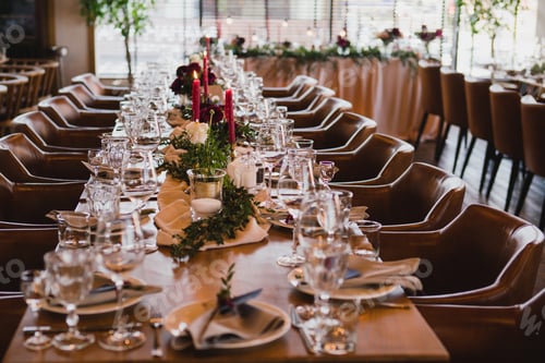 Preview: Coziness and style. Modern event design. Table setting at wedding reception.