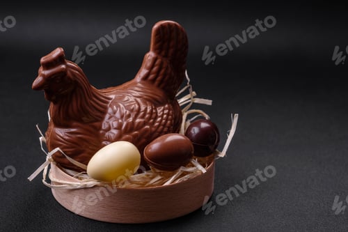 Preview: Chocolate Easter hen and eggs in a nest with straw