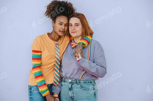 Preview: Multiracial gay women hugging while standing against blue background