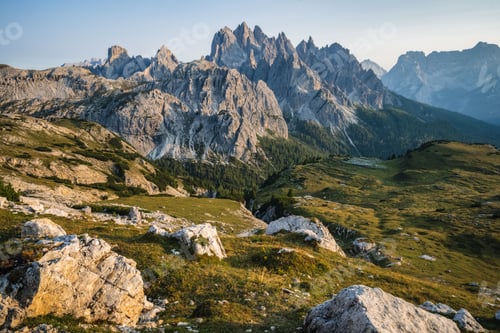 Preview: View towards Cadini di Misurina on hiking trail around Tre Cime national park, Dolomites, Italy