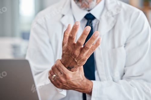 Preview: Laptop, wrist pain and hands of business man in office for injury, stress and arthritis. Burnout, e