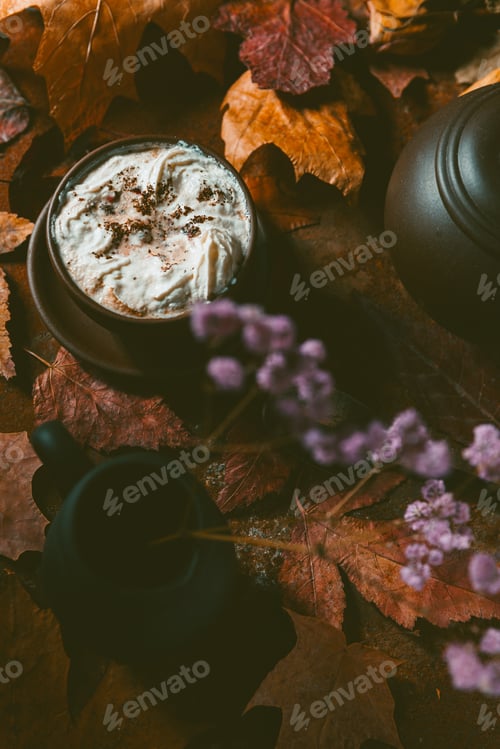 Preview: Still Life- Dark Food Photo. Coffee Mug And Sweets On A Black Background